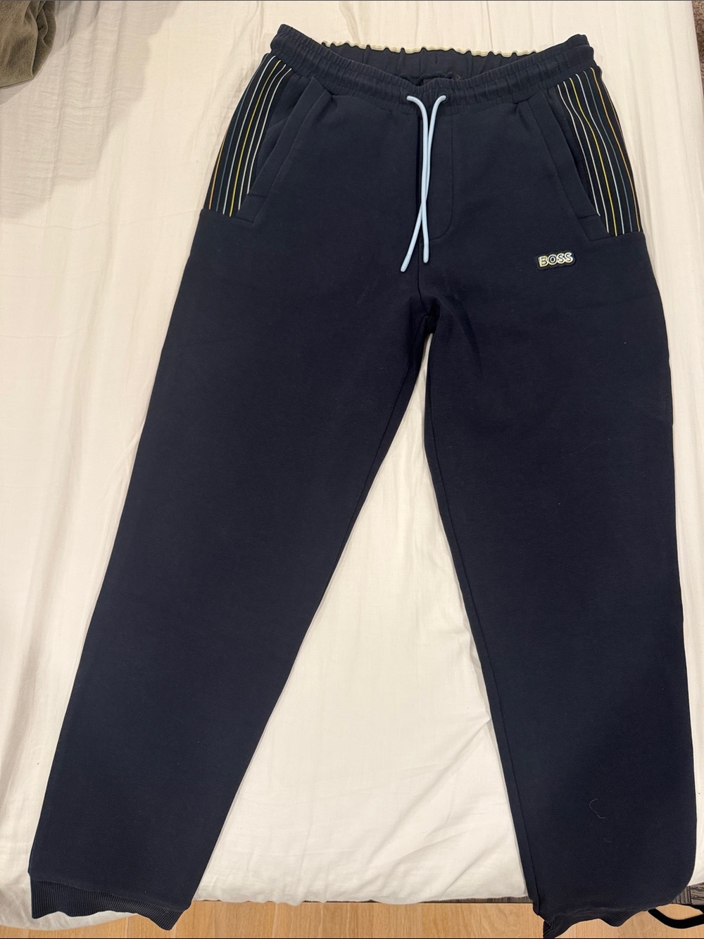 BOSS Navy Joggers with Light Blue Drawcord and Stripe Trim
